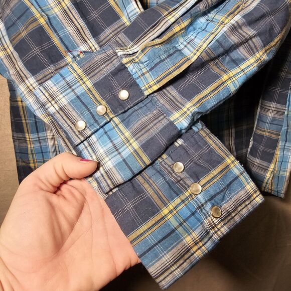 Wrancher By Wrangler Blue Plaid Men Button Down Shirt White Pearl Snap Size L - Picture 5 of 7